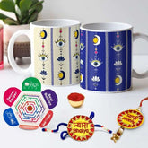 Rakhi Gift For Brother Combo Printed Mug Set Of 2, Bhaiya Bhabi Rakhi, Roli, Chawal With Card